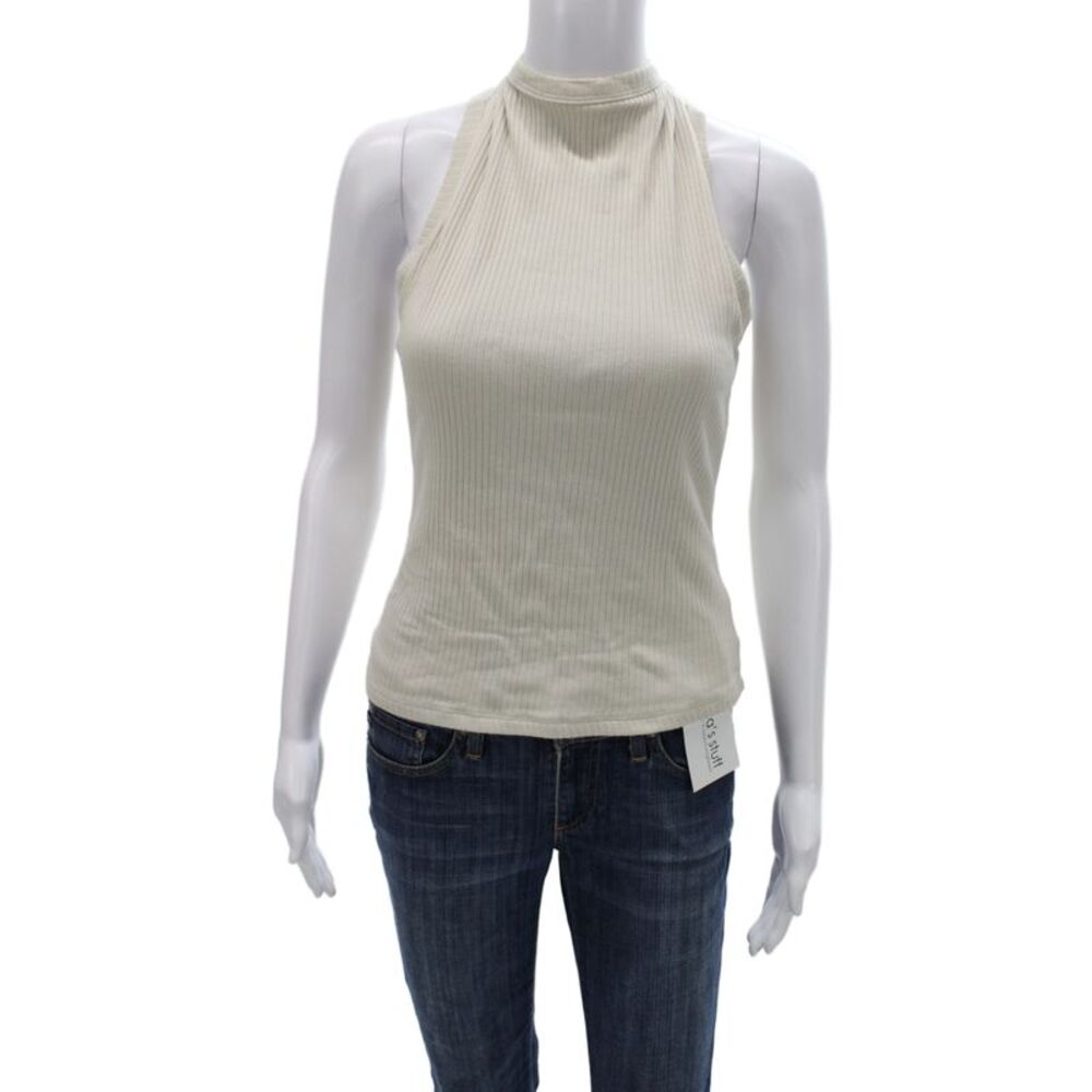 R+A Women Designer Striped Cotton Mock Neck Sleeveless Zip Tank Beige Size XS